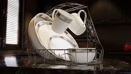 3D model of ceramic dinnerware set with mug, plates, bowls in a metal rack, designed for Blender with 3.4k tris.
