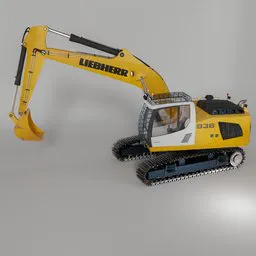Detailed 3D model of a yellow and black LIEBHERR 936 excavator with movable parts, track animation prepared for Blender.