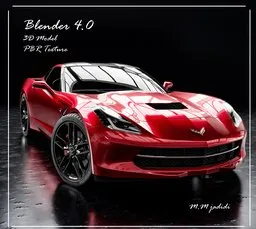 Highly detailed red C7 Corvette 3D model in Blender with realistic textures, shaders, and full logical topology.