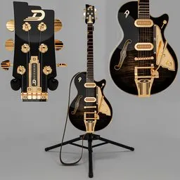 Alt Text: "3D model of the Duesenberg Starplayer TV Black Gold electric guitar with tripod stand, created with Blender 3D software. Features spruce top, mahogany body, two humbucking pickups, and Bigsby tremolo. Perfect for stage use, comes with Duesenberg strap."
