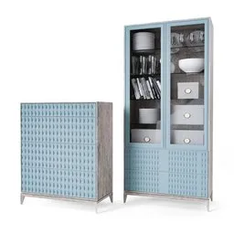 "3D model of a sleek, pixel-style pale cyan and grey chest of drawers and wardrobe showcase. Featuring two cabinets with glass doors, a cabinet with plates, and perforated metal accents, this Blender 3D model is ideal for adding aesthetic appeal and storage functionality to any virtual environment."