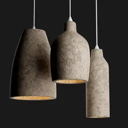 Three varying sizes of realistic 3D-rendered pendant ceiling lights against a dark backdrop, suited for Blender interior design.