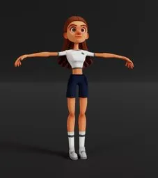 High-poly, rigged young female character model in T-pose for Blender 3D animation and motion graphics.