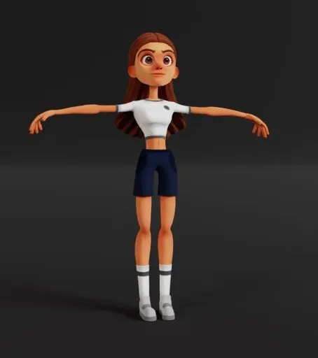 High-poly, rigged young female character model in T-pose for Blender 3D animation and motion graphics.