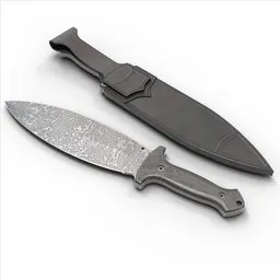 Detailed 3D rendering of a Damascus steel survival knife with sheath, optimized for Blender projects and gaming assets.