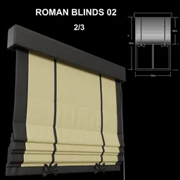 "High-quality 3D model of yellow fabric window blinds, detailed render for Blender 3.6 showcasing textures and shading."