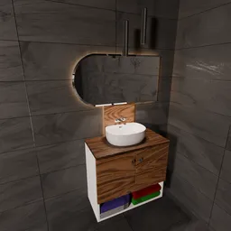 Detailed 3D bathroom set featuring a modern washbasin, mirror with lighting, and colorful towels for Blender rendering.
