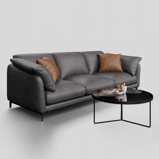 Adjustable color 3D leather sofa model with minimalist coffee table and standard decorations, designed in Blender.