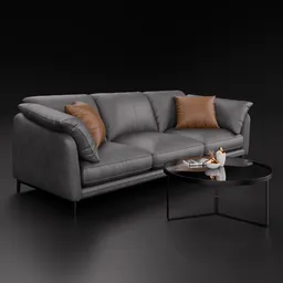 Adjustable color 3D leather sofa model with minimalist coffee table and standard decorations, designed in Blender.