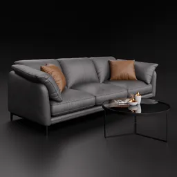 Adjustable color 3D leather sofa model with minimalist coffee table and standard decorations, designed in Blender.