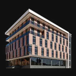 Modern multi-story 3D business center model with glass facade and brickwork, compatible with Blender 3D.