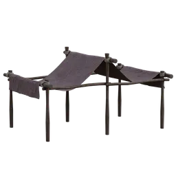 "Explore ancient tribe market with this detailed Stall 3D model for Blender 3D. The model features a wooden bench with two chairs, cloth simulation, and laundry hanging. Perfect for ecovillage and historic projects with 1K textures."