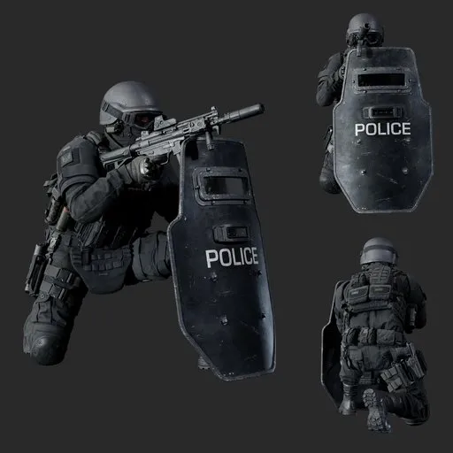 Police Tactical Unit Kneeling Shield Aiming Black