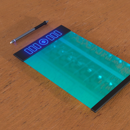 "Galaxy-colored drawing tablet with pen on teal paper, featuring realistic metal reflections and glass-like design. Ideal for industrial exterior Blender 3D projects and perfect for Vtuber series use."