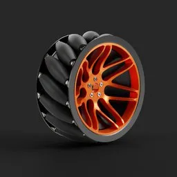 Detailed 3D rendering of an orange Mecanum wheel showcasing intricate design for robotics mobility, optimized for Blender use.