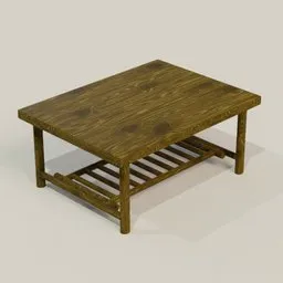 Detailed 3D render of a wooden texture table with lower shelf, optimized for Blender modeling.