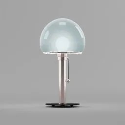 Detailed 3D model rendering of Bauhaus-style Wagenfeld table lamp with translucent shade and metallic base.
