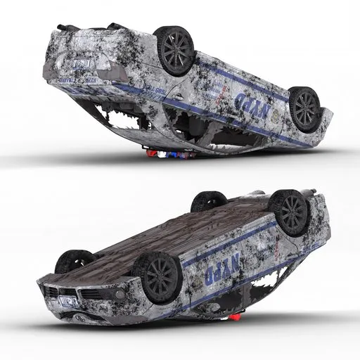 Detailed 3D model of a wrecked police vehicle, designed for post-apocalyptic scenes, made in Blender with procedural textures.