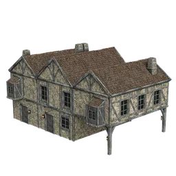 Detailed Blender 3D model of a realistic stone medieval house with a shingled roof.