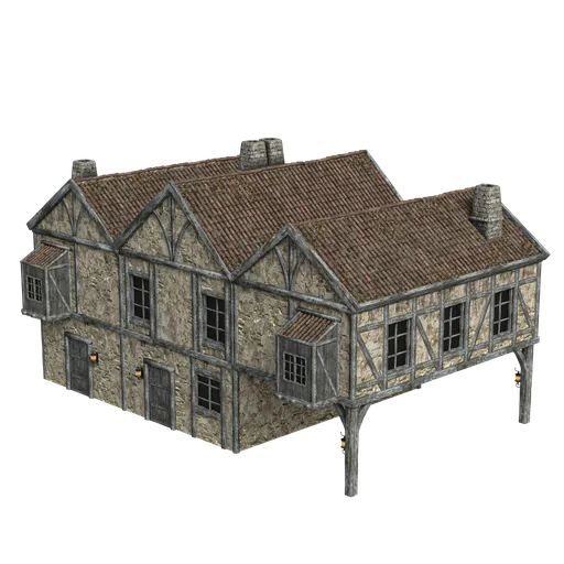 Detailed Blender 3D model of a realistic stone medieval house with a shingled roof.