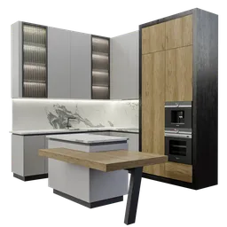 Detailed 3D model of a modern, modular kitchen, customizable in Blender.