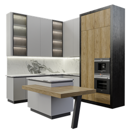 Detailed 3D model of a modern, modular kitchen, customizable in Blender.