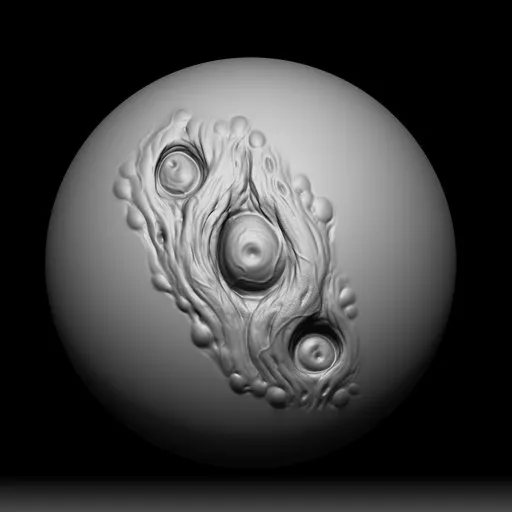 3D sculpting brush effect for detailed creature modeling in Blender, showing deep, organic holes and textures.