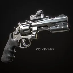 "Revolver Metallic Version 3D model for Blender 3D - realistic and highly detailed equipment with industry-ready weapon and attachments. Inspired by Otto Frölicher from Arknights, this hyperrealistic masterpiece is perfect for visualizations and game development."