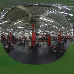 360-degree HDR image of a well-lit, spacious indoor gym with fitness equipment.