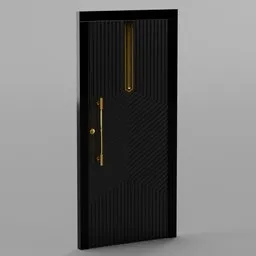 Detailed black metallic 3D door model with gold fixtures for Blender rendering.