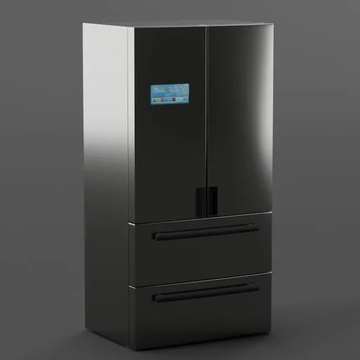 Modern 3D-modelled refrigerator with sleek design, ideal for Blender 3D projects involving kitchen appliances.