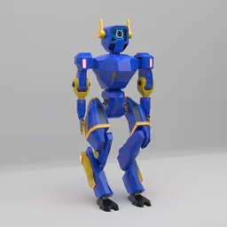 "Low poly humanoid mech robot with inverse kinematics, blue and gold design, for 3D printing and Blender modeling"