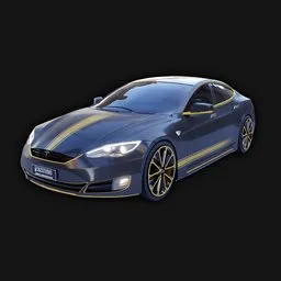 "3D model of a fanmade sport variant of the Tesla Model S created in Blender 3D. This high-quality model features a blue sports car with a vibrant yellow stripe, accented in bright metallic gold. Perfect for game development and visualizations."