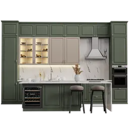 Detailed Blender 3D neoclassical kitchen model with modern appliances and elegant green cabinetry.