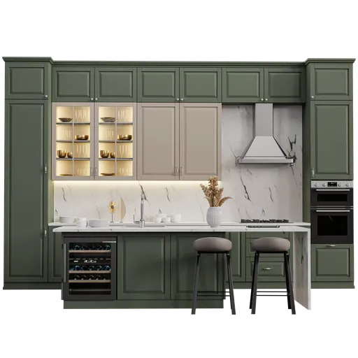 Detailed Blender 3D neoclassical kitchen model with modern appliances and elegant green cabinetry.