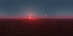 Atmospheric extraterrestrial scene with a glowing red sunset and a large moon, ideal for rendering realistic otherworldly lighting.