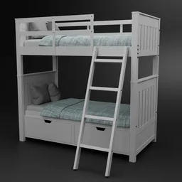 Detailed adult double bunk bed 3D model rendered in Blender with ladder and textured bedding.