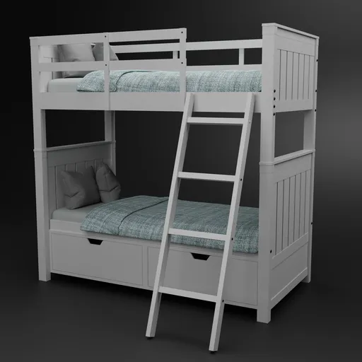 Detailed adult double bunk bed 3D model rendered in Blender with ladder and textured bedding.