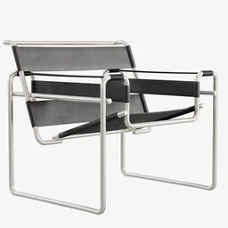 Detailed Blender 3D model of a Bauhaus-style Wassily Chair with metallic frame and leather straps.