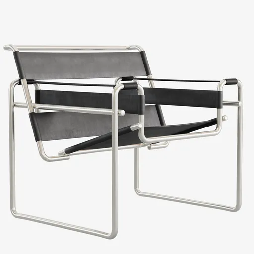 Detailed Blender 3D model of a Bauhaus-style Wassily Chair with metallic frame and leather straps.