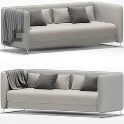 "Blender 3D model of the stylish Sofa Metro by Softline, with grey tarnished longcoat and transparent cloth. The model features a full-length view, side view, and front-back view, rendered using Cycles. The dimensions of the sofa are 92X218X78H with 144,158 polys."