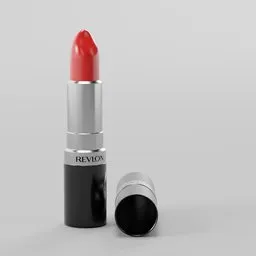 "Revlon Lipstick 3D Model - Close-up of a red lipstick in a black tube, rendered in Lumion. Inspired by Reyna Rochin and Keos Masons, this award-winning 3D model features a crimson and grey color scheme. Perfect for Blender 3D users seeking a high-quality utility model for their projects."