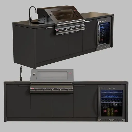 High-quality Blender 3D model of a modern outdoor kitchen set with grill and sink, rendered in Cycles, available in .blend format.