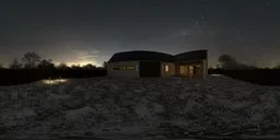 360-degree night HDR panorama of a winter garden with a house, green lawn, trimmed hedges, and purple flowers.