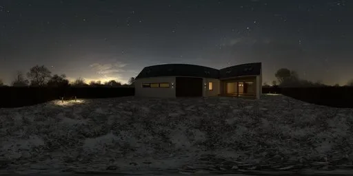 360-degree night HDR panorama of a winter garden with a house, green lawn, trimmed hedges, and purple flowers.