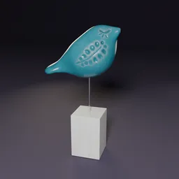 Detailed 3D model of a stylized blue ceramic bird on a stand, compatible with Blender rendering.