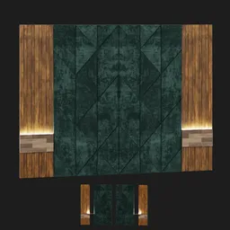 "Green velvet wall panel with wooden flooring for 3D wall decoration in Blender 3D. 8k detailed fabric texture and stylized stone cladding texture. Perfect for creating dark, rigid interiors of mansions or law offices."