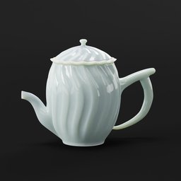 Alt text: "White teapot with lid on black background, Blender 3D model. Inspired by Petr Brandl and Hendrik Willem Mesdag, this 3D model features a kettle in a deco style. Perfect for your Blender 3D projects. Please rate and enjoy!"