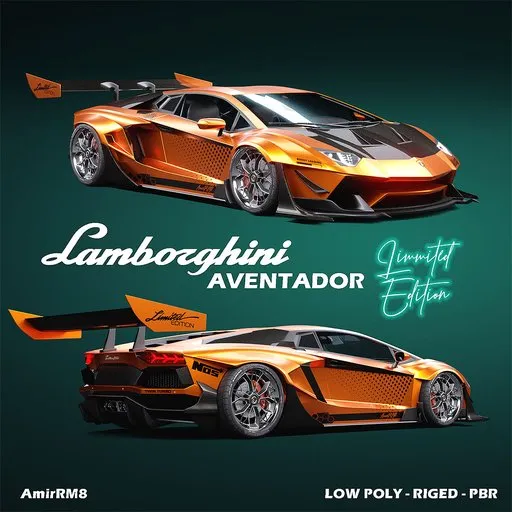 Detailed Lamborghini Aventador 3D model in Blender with accurate scale representation, optimized for PBR content creation.