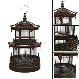 "Old Asian Bird Cage - Detailed 3D Model for Blender 3D | Pagoda-Inspired Design, Wind Chimes, and Realistic Bird Inside | Art Asset Pack for Character Concept Art and Thievery Equipment."